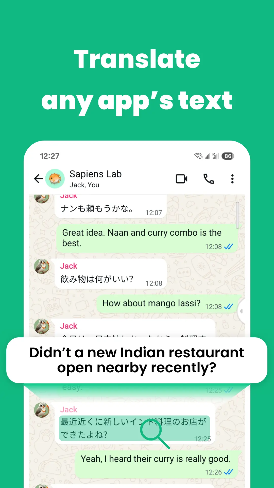 WhatsApp conversation translated from Japanese to English using the Instant Translate floating bubble.